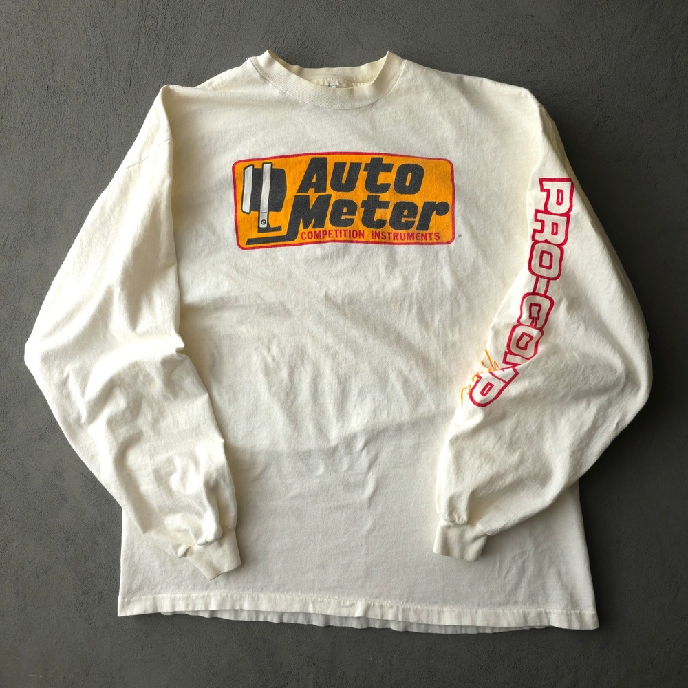 Vintage 90s Hanes White Long Sleeve T-shirt XL Auto Meter Racing Pro-Comp